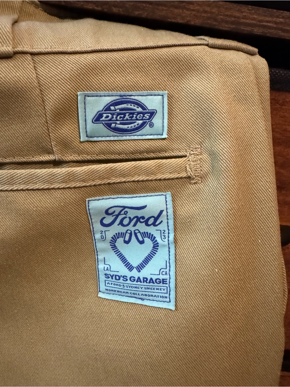 Dickies Tan Cropped Work Pants with Blue Brand Patches